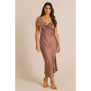 Bari Jay Satin Shoulder Tie Cowl Neck Midi Dress Mauve Pink XL Cocktail Event